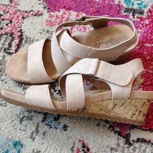 Life Stride Women's Pale Blush Pink Cross-Strap Cork Wedges WIDE Width! 6.5